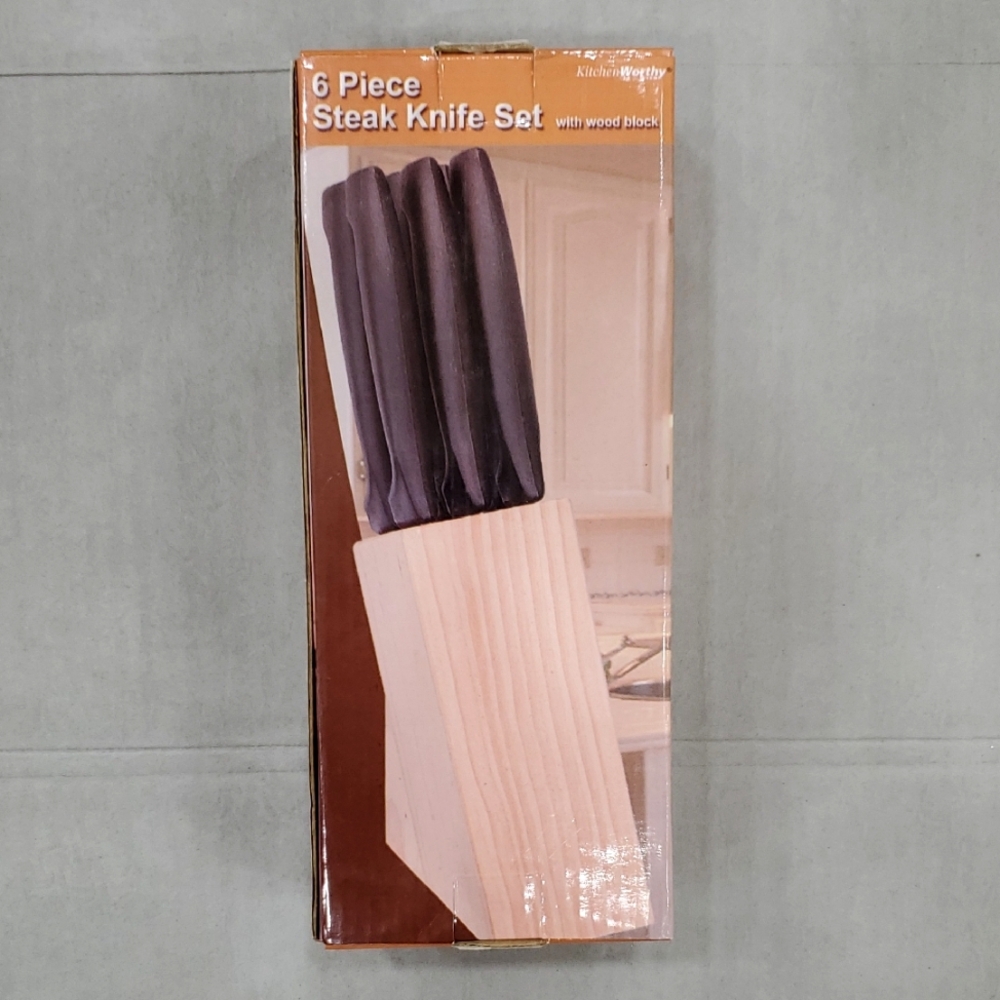 KitchenWorthy 6 Piece Steak Knife Set with Wood Block never needs sharpening